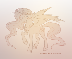 Size: 1771x1442 | Tagged: source needed, safe, artist:antiander, princess celestia, alicorn, pony, g4, female, lineart, looking at you, raised hoof, smiling, solo, spread wings, wip