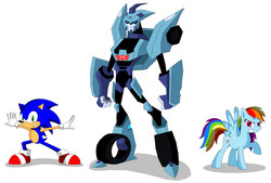 Size: 1836x1240 | Tagged: safe, artist:koopa-master, rainbow dash, g4, blurr, crossover, male, sonic the hedgehog, sonic the hedgehog (series), transformers, transformers animated
