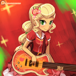 Size: 750x750 | Tagged: safe, artist:lumineko, applejack, equestria girls, g4, my little pony equestria girls: legend of everfree, bass guitar, clothes, crystal gala, cute, dress, female, freckles, guitar, jackabetes, musical instrument, patreon, patreon logo, playing, signature, smiling, solo