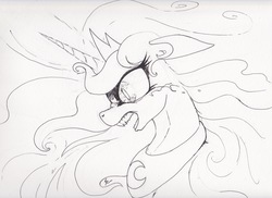 Size: 2338x1701 | Tagged: safe, artist:scribblepwn3, nightmare moon, princess luna, alicorn, pony, g4, angry, crying, female, monochrome, pen drawing, rage, solo, traditional art, wip