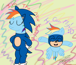 Size: 844x720 | Tagged: safe, artist:iamthemanwithglasses, rainbow dash, g4, clothes, commission, cosplay, costume, crossover, interspecies, male, shipping, sonic the hedgehog, sonic the hedgehog (series), sonicdash, straight