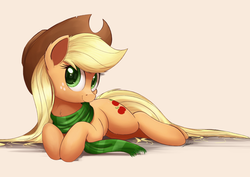Size: 1950x1378 | Tagged: safe, artist:ncmares, applejack, earth pony, pony, chest fluff, clothes, cowboy hat, cute, ear fluff, female, freckles, hat, jackabetes, looking at you, loose hair, mare, ncmares is trying to murder us, prone, scarf, signature, smiling, solo, stetson