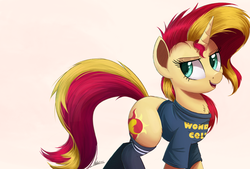 Size: 2225x1500 | Tagged: safe, artist:ncmares, sunset shimmer, pony, unicorn, g4, chest fluff, clothes, colored pupils, female, looking at you, mare, messy mane, open mouth, shirt, signature, simple background, smiling, socks, solo, white background