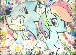 Size: 2339x1700 | Tagged: safe, artist:pokefan192, rainbow dash, g4, crossover, male, sonic the hedgehog, sonic the hedgehog (series), traditional art, watercolor painting