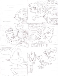 Size: 1700x2204 | Tagged: safe, artist:sonic-warrior, rainbow dash, comic:the flames of harmony, g4, comic, crossover, fanfic, fanfic art, male, monochrome, sonic the hedgehog, sonic the hedgehog (series), traditional art