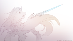 Size: 1280x720 | Tagged: safe, artist:antiander, oc, oc only, pony, unicorn, armor, cloak, clothes, frostmourne, lineart, monochrome, raised hoof, solo, sword, weapon