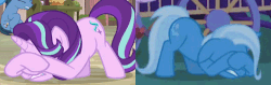 Size: 500x157 | Tagged: safe, edit, edited screencap, screencap, starlight glimmer, trixie, pony, unicorn, g4, to where and back again, animated, comparison, covering eyes, cowering, cropped, female, frightened, gif, mare, shivering