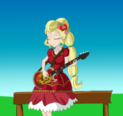 Size: 800x757 | Tagged: safe, artist:icesticker, applejack, equestria girls, g4, my little pony equestria girls: legend of everfree, 45 minute art challenge, alternate hairstyle, bass guitar, clothes, crystal gala, dress, eyes closed, female, freckles, guitar, musical instrument, playing, solo