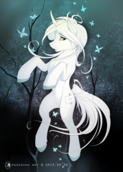 Size: 2200x3070 | Tagged: source needed, safe, artist:antiander, oc, oc only, butterfly, pony, unicorn, floating, high res, looking at you, solo, white fur, white mane