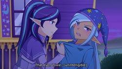 Size: 1280x720 | Tagged: safe, artist:jonfawkes, starlight glimmer, trixie, elf, human, g4, to where and back again, anime, clothes, dialogue, duo, elf ears, female, hat, humanized, light skin, moderate dark skin, nightcap, open mouth, scene interpretation, subtitles, trixie's nightcap, unicorns as elves