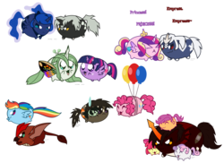 Size: 1582x1153 | Tagged: safe, artist:faith-wolff, apple bloom, pinkie pie, princess cadance, princess luna, rainbow dash, scootaloo, sweetie belle, twilight sparkle, oc, oc:gentle leaf, alicorn, kaiju changeling, kaiju pony, pony, fanfic:the bridge, g4, anguirus, balloon, chubbie, crossover, cute, cutie mark crusaders, destoroyah, destoroyah (female), godzilla, godzilla (series), godzilla junior, kaiju griffon, mothra, mothra lea, ponified, rodan, twilight sparkle (alicorn)