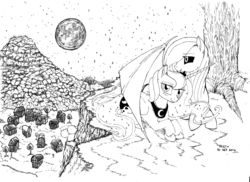 Size: 2338x1700 | Tagged: safe, artist:aerthmanolo, princess luna, oc, oc:sweet pen, g4, black and white, grayscale, lineart, monochrome, moon, stars, traditional art