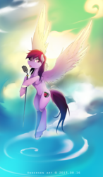 Size: 2679x4592 | Tagged: dead source, safe, artist:antiander, oc, oc only, pegasus, pony, belly, concave belly, flying, hooves, leg hold, microphone, singing, sky, solo, spread wings