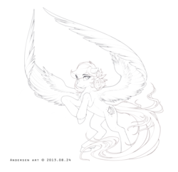 Size: 3300x3200 | Tagged: safe, artist:antiander, oc, oc only, pegasus, pony, high res, large wings, lineart, looking at you, monochrome, solo, spread wings