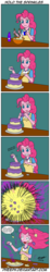 Size: 455x2453 | Tagged: safe, artist:pheeph, pinkie pie, equestria girls, g4, my little pony equestria girls: legend of everfree, apron, cake, clothes, comic, explosion, food, old master q, parody, sprinkles