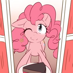 Size: 2057x2057 | Tagged: safe, artist:akainu_pony, pinkie pie, earth pony, pony, g4, the last roundup, cake, cute, diapinkes, female, food, gradient background, high res, looking at you, mare, one eye closed, scene interpretation, smiling, solo, wink