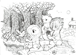 Size: 2338x1700 | Tagged: safe, artist:aerthmanolo, fluttershy, oc, oc:aerth, bear, bird, g4, animal, black and white, flower, fluttershy's cottage, forest, grayscale, monochrome, remake, rose, shipping