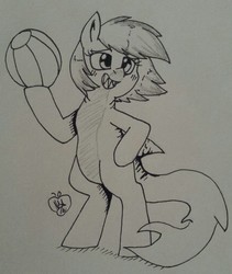 Size: 1081x1280 | Tagged: safe, artist:notenoughapples, oc, oc only, oc:pearly whites, original species, pony, shark pony, ball, beach ball, bipedal, inktober, monochrome, solo, traditional art