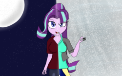 Size: 1920x1200 | Tagged: safe, artist:mildockart, starlight glimmer, equestria girls, g4, clothes, duality, equal sign, equestria girls-ified, evil, female, full moon, good, moon, night sky, open mouth, solo, stars