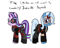 Size: 1000x800 | Tagged: safe, artist:mightyshockwave, starlight glimmer, trixie, pony, unicorn, g4, to where and back again, clothes, costume, deadshot, female, katana (dc comics), looking at you, mare, simple background, suicide squad