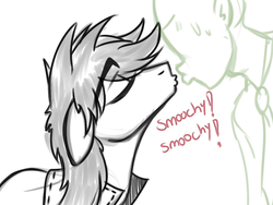 Size: 800x600 | Tagged: safe, artist:discrete turtle, braeburn, oc, oc:anon, earth pony, human, pony, g4, eyes closed, gay, imminent kissing, kissing, kissy face, male, simple background, stallion, sweat, white background