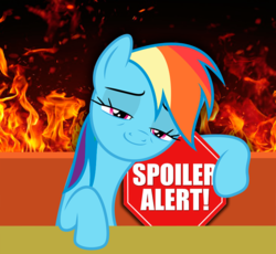 Size: 720x661 | Tagged: safe, rainbow dash, g4, female, fire, sign, solo