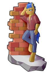 Size: 3786x5100 | Tagged: safe, artist:strachattack, oc, oc only, oc:excalibur, anthro, unguligrade anthro, absurd resolution, against wall, bored, brick wall, clothes, commission, hoodie, pants, raised leg, solo, tired