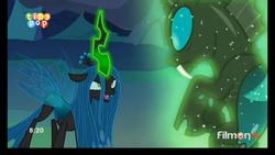 Size: 1920x1080 | Tagged: safe, edit, edited screencap, screencap, queen chrysalis, thorax, changeling, changeling queen, g4, to where and back again, female, male, size difference, smaller male