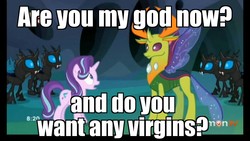 Size: 1920x1080 | Tagged: safe, edit, edited screencap, screencap, starlight glimmer, thorax, changedling, changeling, pony, unicorn, g4, to where and back again, black bars, caption, changeling king, female, i am your god now bring me your virgins, image macro, king thorax, letterboxing, male, mare, meme