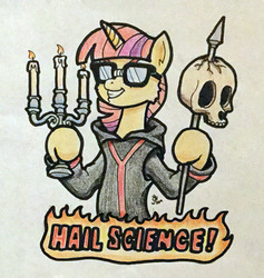 Size: 817x862 | Tagged: safe, artist:sensko, moondancer, g4, candelabra, candle, cloak, clothes, female, futurama, glasses, hail science, male, professor farnsworth, robe, science, signature, simple background, skull, smiling, solo, spear, traditional art, weapon, white background