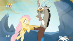 Size: 400x225 | Tagged: safe, screencap, discord, fluttershy, draconequus, pegasus, pony, g4, to where and back again, animated, blushing, butt touch, cute, gif, hand on butt, hnnng, holding a pony, hug, male, shipping fuel, shyabetes, straight