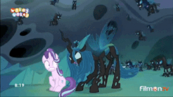 Size: 400x225 | Tagged: safe, screencap, queen chrysalis, starlight glimmer, thorax, changeling, changeling queen, g4, to where and back again, animated, armor, changeling armor, changeling guard, female, gif, nom, running, running in place, scared, starlight vs chrysalis, tail, tail pull, throwing