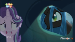 Size: 656x368 | Tagged: safe, screencap, queen chrysalis, starlight glimmer, changeling, changeling queen, g4, to where and back again, female, scared, starlight vs chrysalis