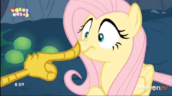Size: 656x368 | Tagged: safe, screencap, discord, fluttershy, changeling, draconequus, pegasus, pony, g4, to where and back again, boop, crying flutterlings, cute, disguise, disguised changeling, female, frown, mare, shyabetes, wide eyes