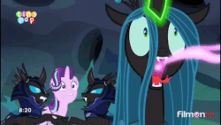 Size: 854x480 | Tagged: safe, edit, edited screencap, screencap, queen chrysalis, starlight glimmer, changeling, changeling queen, g4, to where and back again, animated, armor, changeling armor, changeling feeding, changeling guard, feeding, female, gif, open mouth, tiny pop