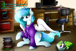 Size: 1280x853 | Tagged: safe, oc, oc only, oc:colarix, pony, choker, clothes, computer, ear fluff, fluffy, hoodie, solo, video game, wing fluff