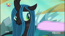 Size: 854x480 | Tagged: safe, edit, edited screencap, screencap, queen chrysalis, starlight glimmer, changeling, changeling queen, g4, to where and back again, censored, female, former queen chrysalis, not a penis, tiny pop, unnecessary censorship