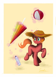 Size: 2200x3000 | Tagged: safe, artist:sweeterwho, oc, oc only, pony, unicorn, beach ball, beach umbrella, bottle, hat, high res, magic, solo, straw hat, umbrella, water, water bottle