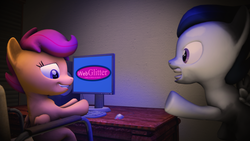 Size: 3840x2160 | Tagged: dead source, safe, artist:viranimation, rumble, scootaloo, g4, 3d, adware, caught, chair, computer, desk, high res, malware, parody, pc, source filmmaker, webglitter