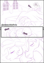 Size: 900x1288 | Tagged: safe, artist:falleninthedark, discord, princess celestia, alicorn, draconequus, pony, g4, bed, comic, female, male, mare, ship:dislestia, shipping, sketch, sleeping, snoring, straight, zzz