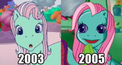 Size: 600x320 | Tagged: safe, screencap, minty, pony, a charming birthday, a very minty christmas, g3, comparison, cropped, faic, female, nightmare fuel, solo, uncanny valley