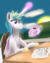 Size: 1430x1777 | Tagged: safe, artist:hippik, princess celestia, g4, chair, cloud, coffee, desk, female, morning, newspaper, signature, sitting, solo, sun