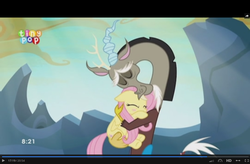 Size: 1672x1095 | Tagged: safe, screencap, discord, fluttershy, draconequus, pegasus, pony, g4, my little pony: friendship is magic, to where and back again, blushing, butt touch, cute, discute, female, hand on butt, hug, male, mare