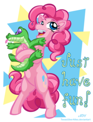 Size: 720x937 | Tagged: safe, artist:texasuberalles, gummy, pinkie pie, alligator, earth pony, pony, g4, bipedal, duo, open mouth, tongue out, underhoof