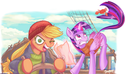 Size: 1072x636 | Tagged: safe, artist:jowyb, applejack, twilight sparkle, alicorn, crab, earth pony, pony, twijack weekly, g4, ppov, applejack is best facemaker, captain jackbeard, clothes, female, lesbian, mare, one eye closed, open mouth, ship:twijack, shipping, silly, silly pony, twilight sparkle (alicorn), who's a silly pony