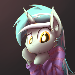 Size: 1200x1200 | Tagged: safe, artist:cheshiresdesires, lyra heartstrings, pony, unicorn, g4, clothes, ear fluff, female, gradient background, looking down, raised eyebrow, smiling, solo, sweater