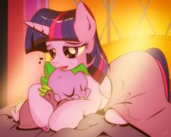 Size: 1333x1067 | Tagged: dead source, safe, artist:dsana, spike, twilight sparkle, alicorn, dragon, pony, g4, baby, baby dragon, blanket, cute, duo, eyes closed, female, horn, hug, lullaby, mama twilight, mare, music notes, signature, singing, sleeping, spikabetes, spikelove, sunlight, twiabetes, twilight sparkle (alicorn), twilight's castle, weapons-grade cute, window