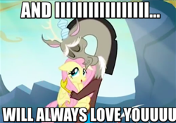 Size: 695x485 | Tagged: safe, edit, edited screencap, screencap, discord, fluttershy, g4, to where and back again, cute, discute, dolly parton, hug, i will always love you, image macro, male, meme, nuzzling, reunion, ship:discoshy, shipping, shipping fuel, shyabetes, song reference, straight, the bodyguard, whitney houston