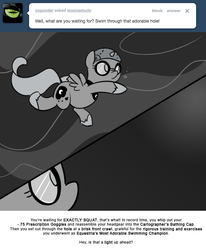 Size: 666x809 | Tagged: safe, artist:egophiliac, princess luna, moonstuck, g4, cartographer's bathing cap, cartographer's cap, female, filly, goggles, hat, monochrome, solo, swimming, swimming cap, swimming goggles, underwater, woona, younger