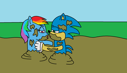 Size: 1572x900 | Tagged: safe, artist:amateur-draw, rainbow dash, pony, g4, 1000 hours in ms paint, crossover, interspecies, kissing, male, ms paint, mud, mud bath, muddy, op is a duck, shipping, sonic the hedgehog, sonic the hedgehog (series), sonicdash, straight